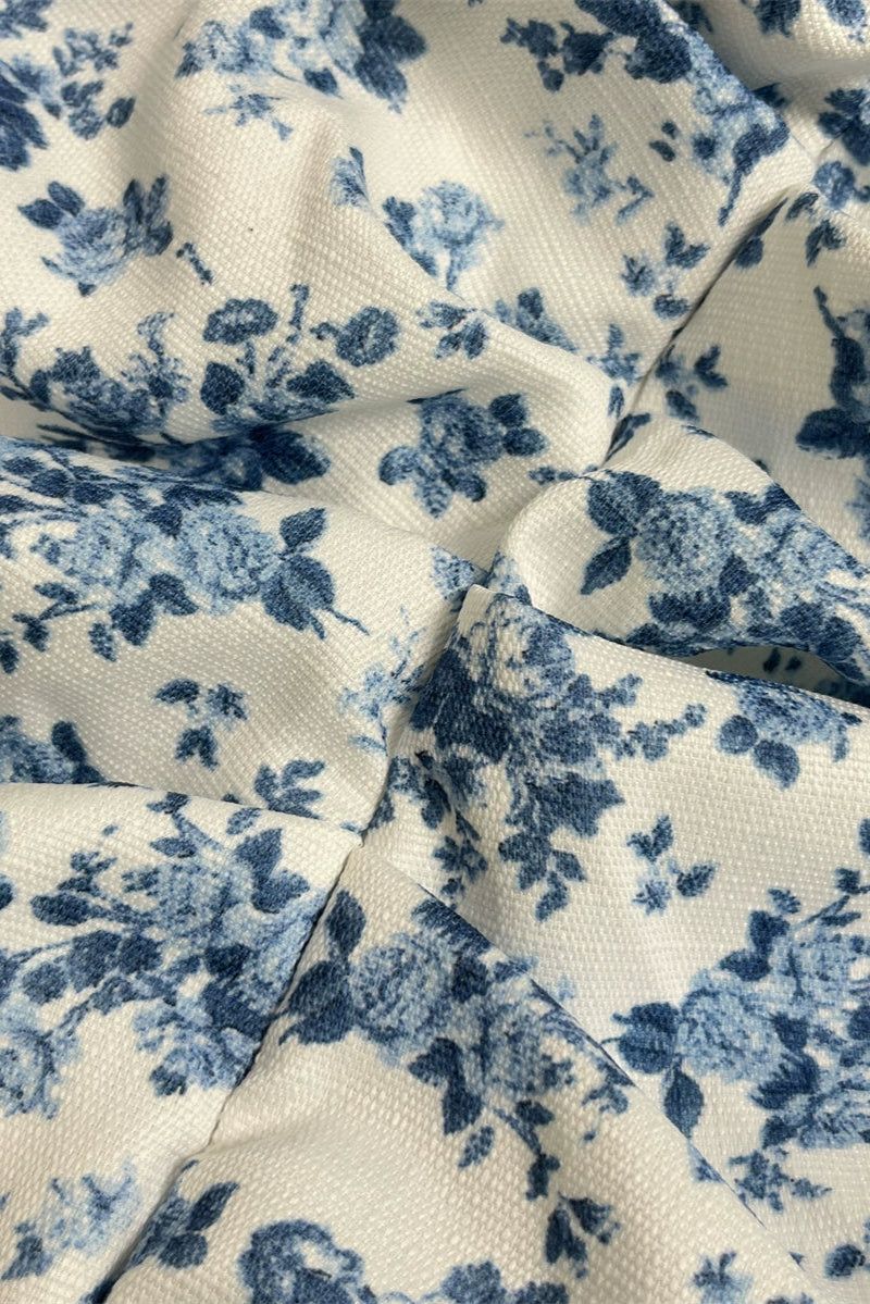 blue flower slanted shoulder flying sleeve dress