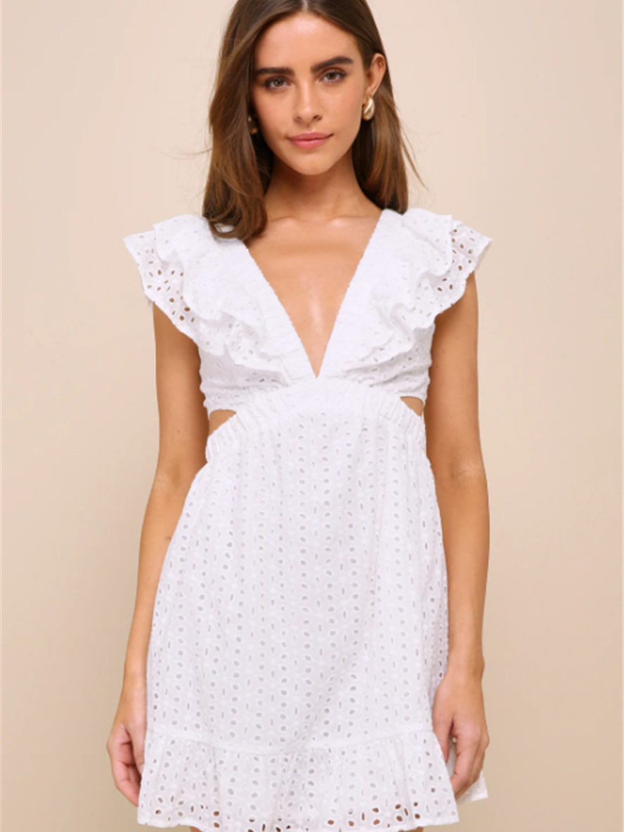 embroidery hollow flying sleeves open back lace-up dress white