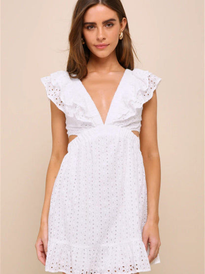 embroidery hollow flying sleeves open back lace-up dress white