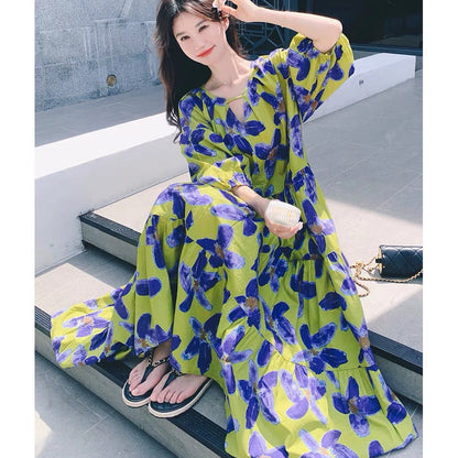 Vintage floral print maxi dress - Green