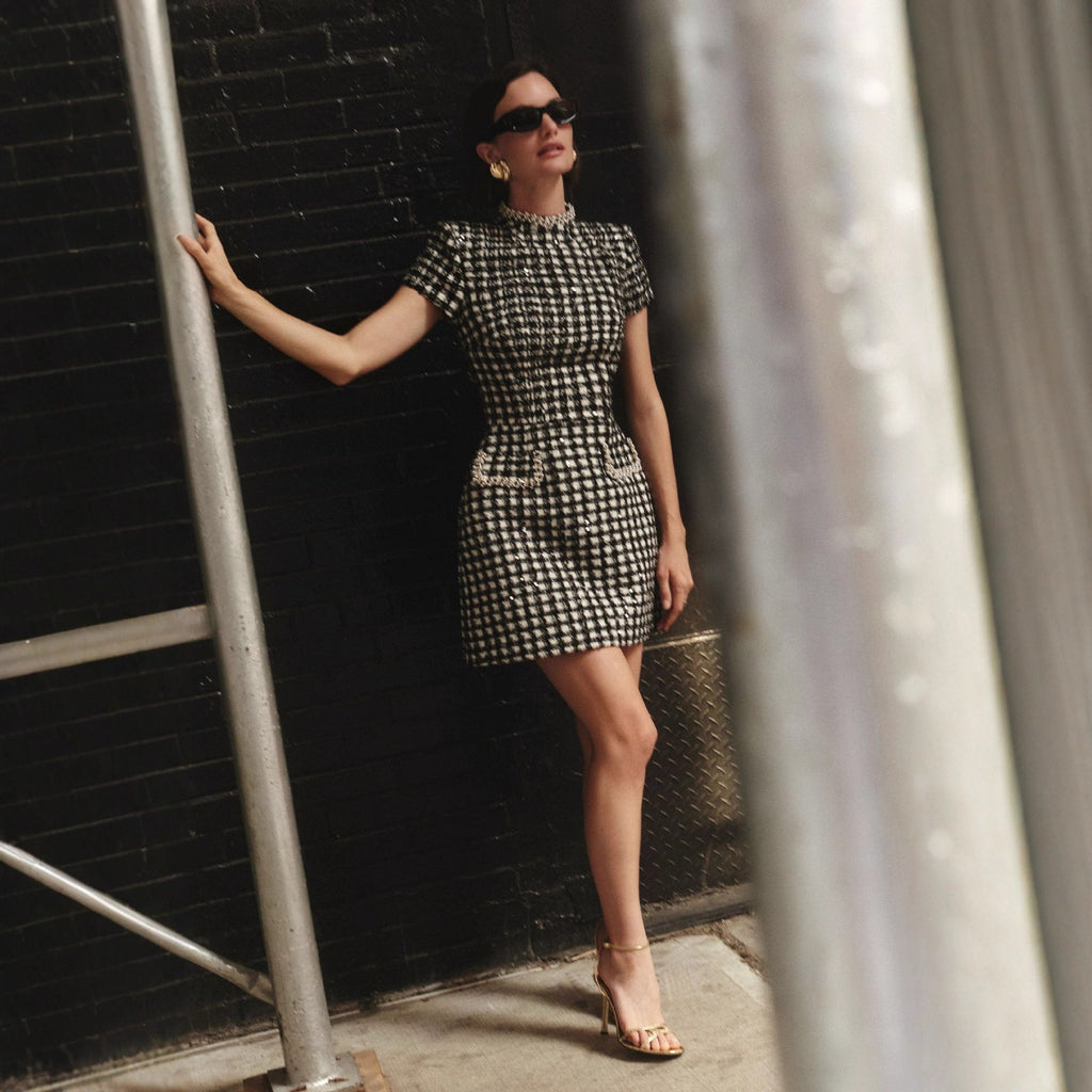 black round neck nail bead plaid mini dress