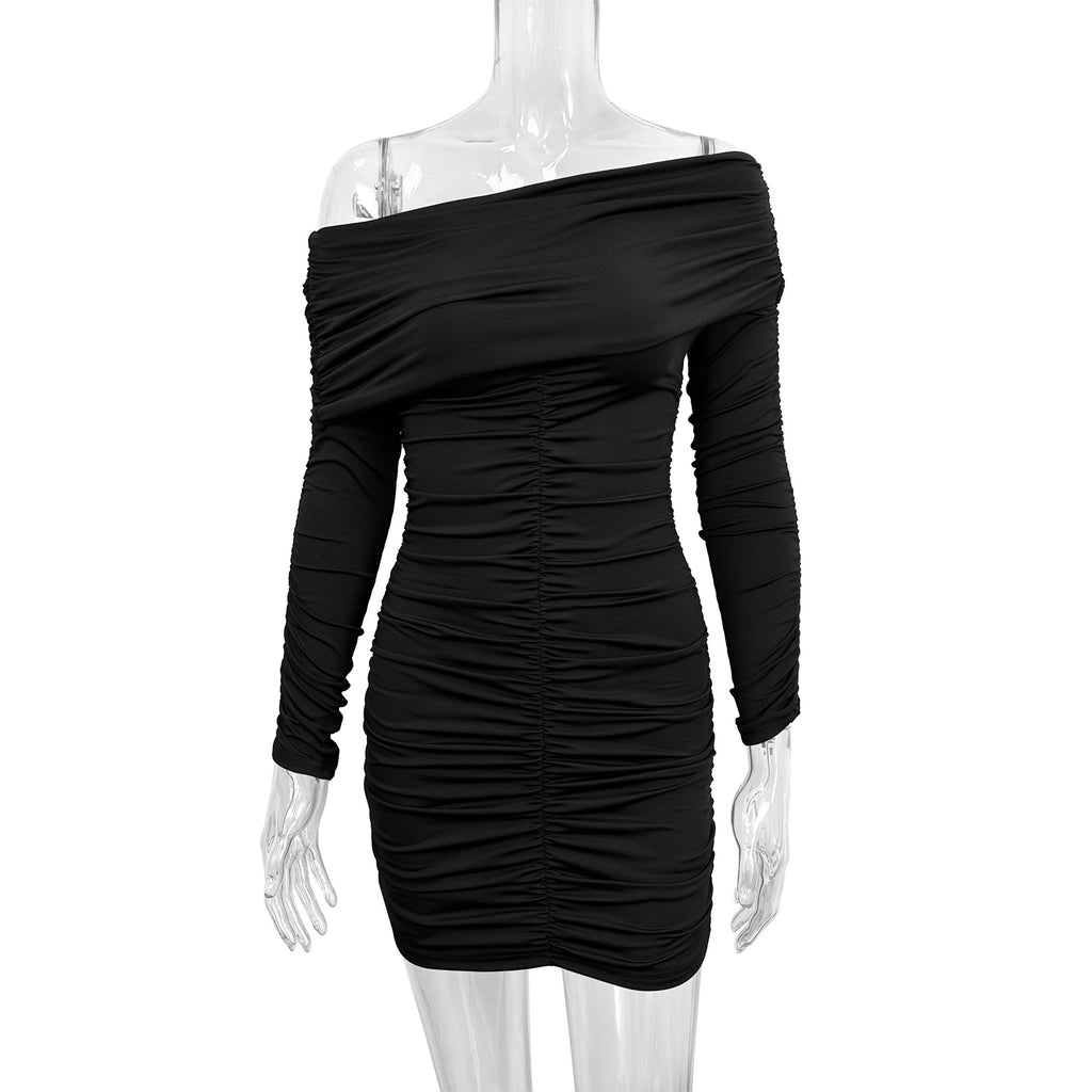 black Off-the-shoulder long sleeve  pleated bodycon mini dress