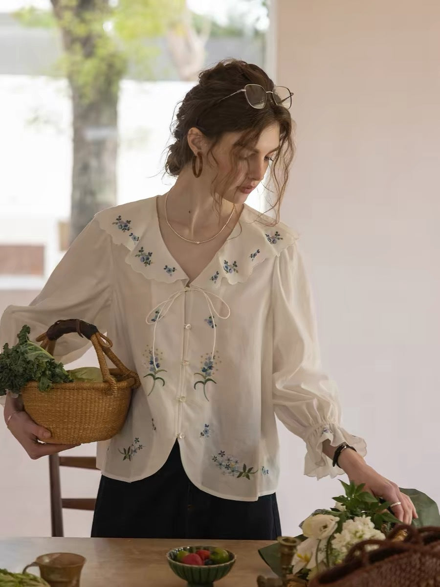 white floral embroidery ruffle collar and tie shirt
