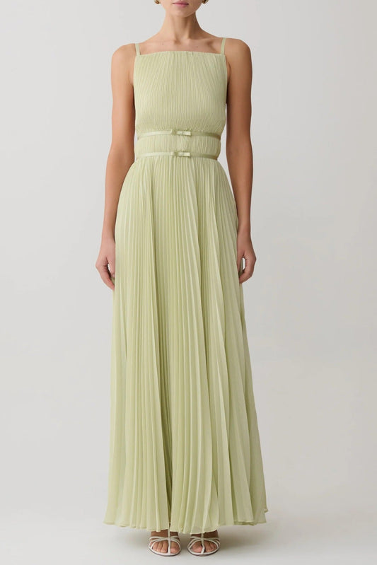 yellow pleated cinched backless slip dress