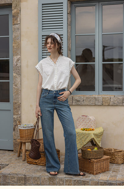 white linen-cotton patchwork sleeveless lace shirt