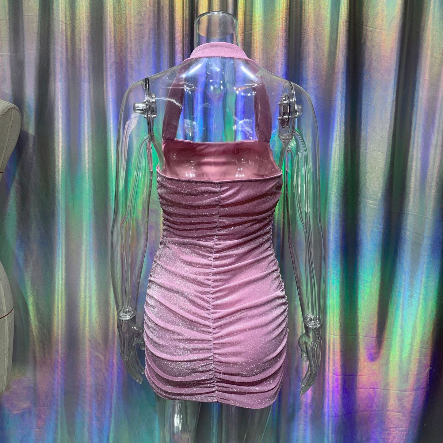 pink neckline backless halterneck mini dress