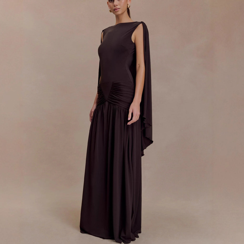 open back cape pleated maxi dress