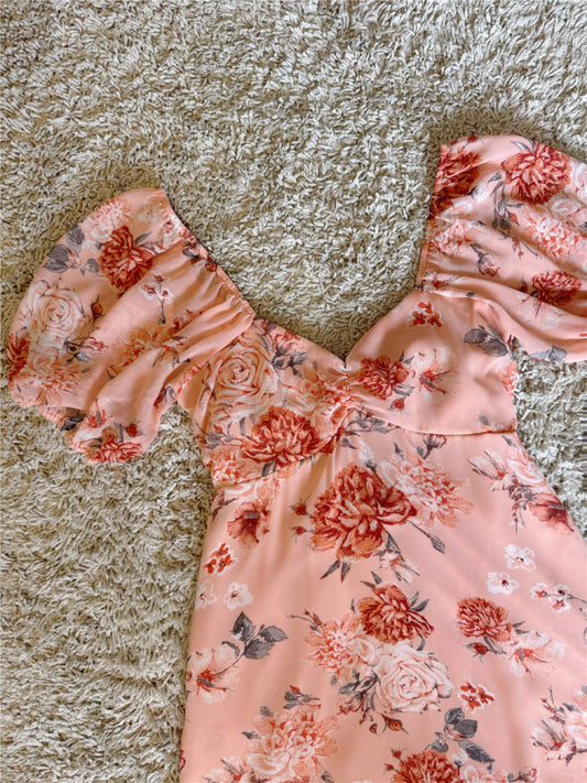 floral bow tie backless lantern sleeves dress