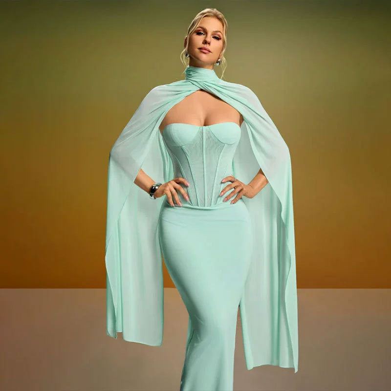 green strapless backless  fishbone dress