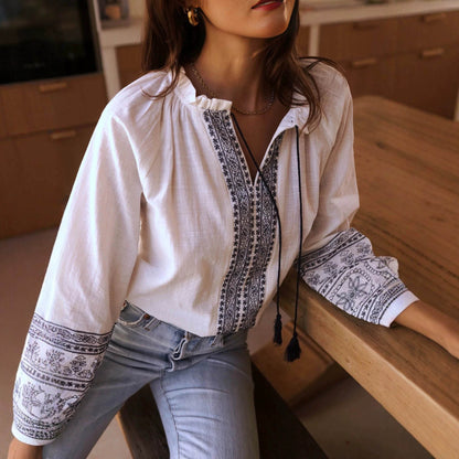 white long-sleeve pullover ramie embroidered shirt