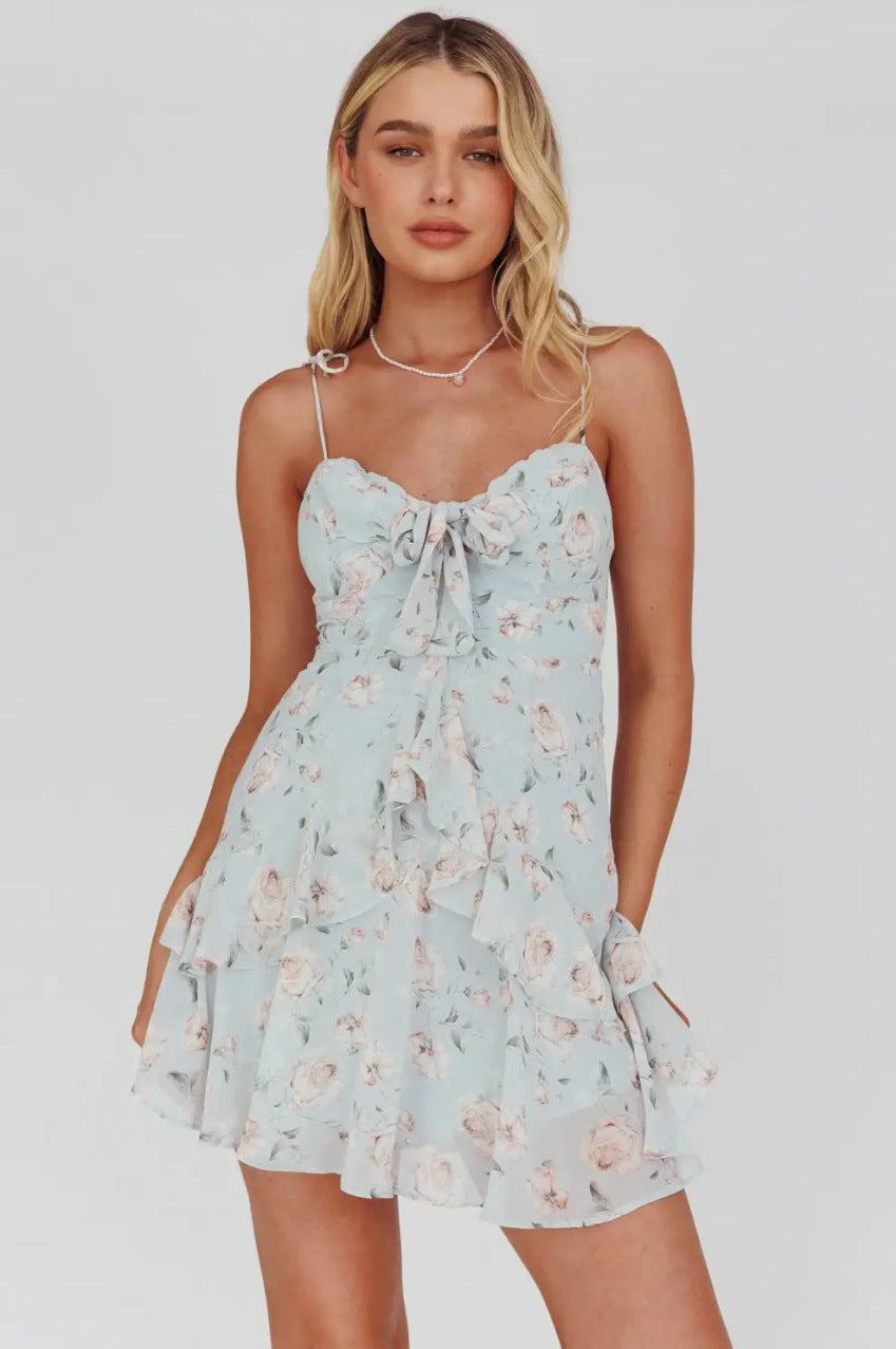 green Suspender Chiffon  Floral mini Dress