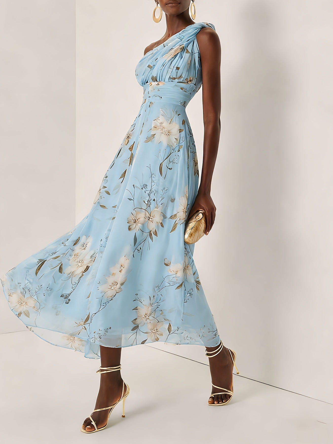 One-shoulder floral print chiffon maxi dress - blue