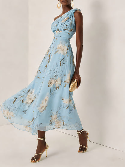 One-shoulder floral print chiffon maxi dress - blue