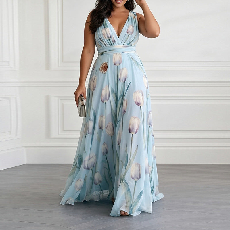 blue Print Waist Cinching V-Neck Dress