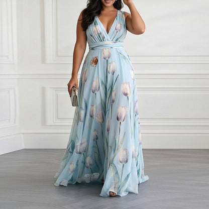 blue Print Waist Cinching V-Neck Dress