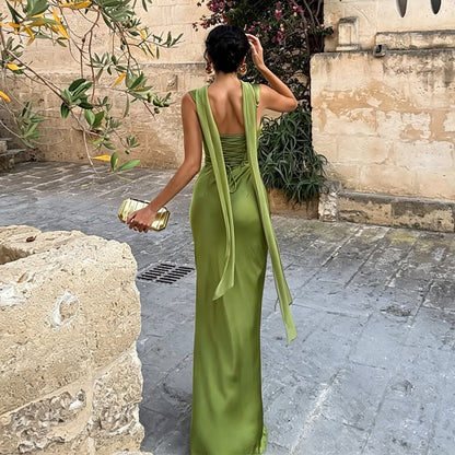 green satin herring bone slip dress