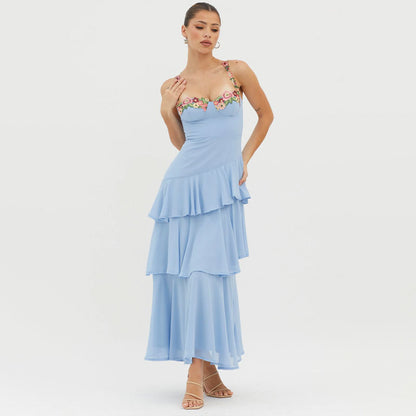 blue Cascading Ruffle Floral Decorative Dress