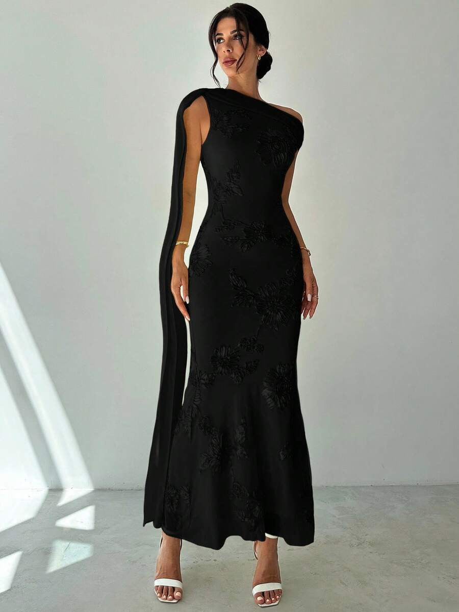 black three-dimensional floral hip hugging sloping shoulder streamer maxi dress