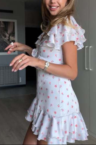 pink ruffled floral mini dress