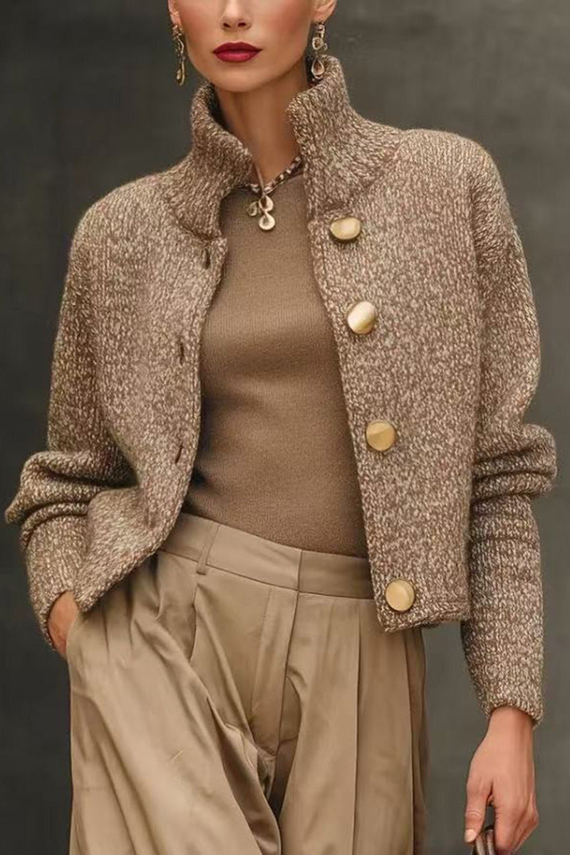 High-neck button-down knit short cardigan jacket