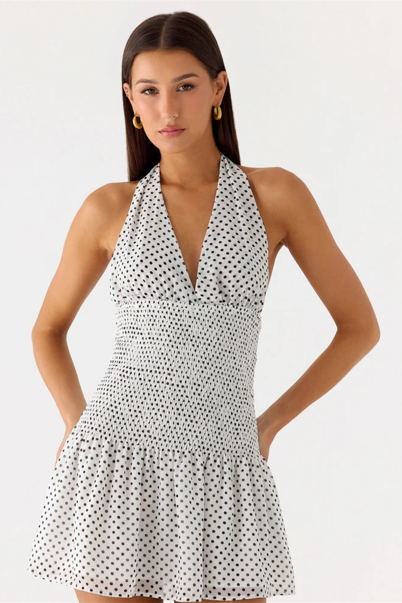 black polka dot halterneck open waist slap dress