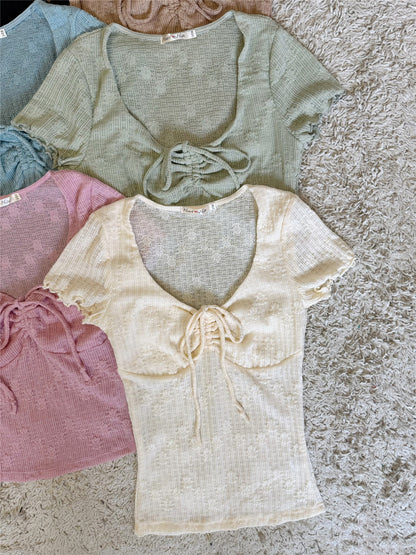Ruched Front Ruffle Short Sleeve U-Neck Knit Top
