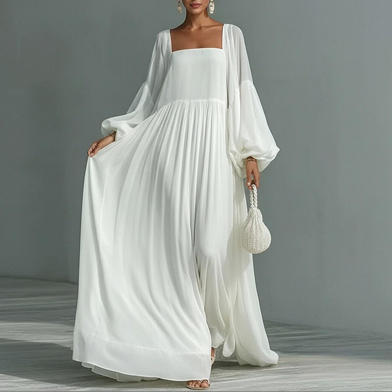 white square neck lantern sleeve dress