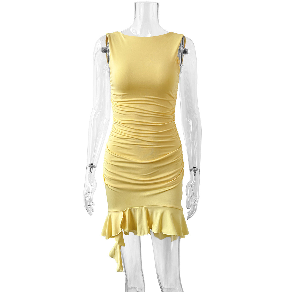 Sleeveless backless round neck ruffled asymmetrical dress