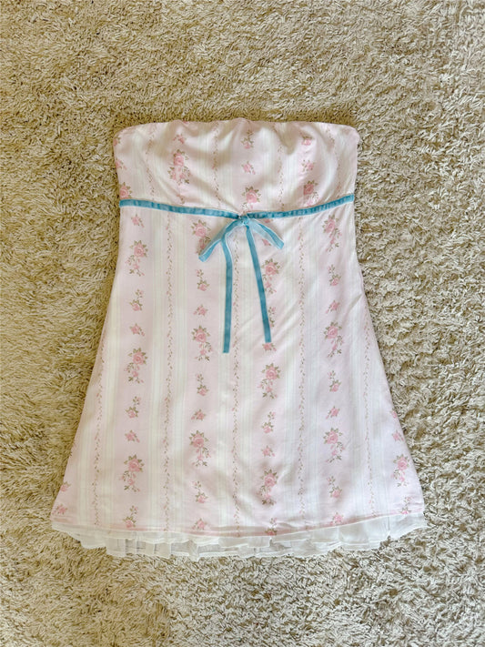 floral flocked bow lace-up pleated bandeau dress
