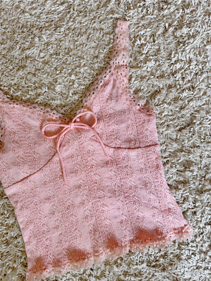 Cut-out Lace Embossed Pattern Bow High-Waisted Short Camisole Top