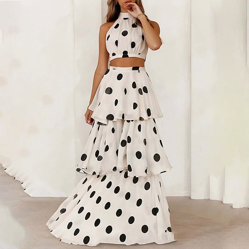 polka dot halterneck sleeveless top skirt set