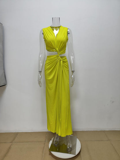 green Cutout Knot Slit V-Neck Sleeveless Pleated Irregular Dress