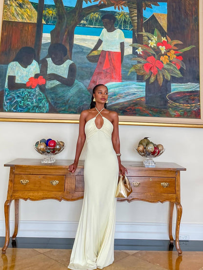 yellow halterneck open back slip dress