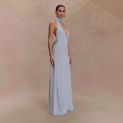 deep V-neck streamer halterneck  pleated open back dress