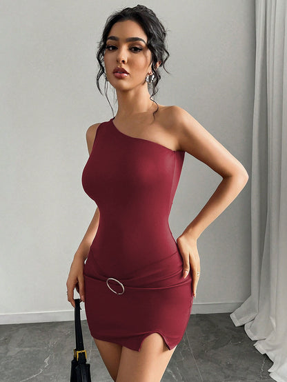 red Asymmetrical neckline mini dress