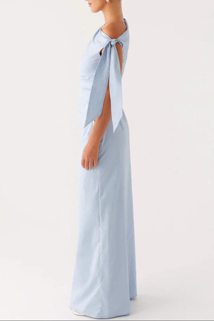 one shoulder lace-up bow slim dress blue