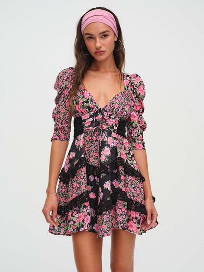 Floral lace patchwork deep V-neck puff sleeves mini dress