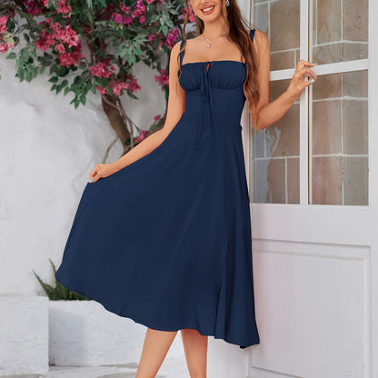 dark blue herringbone slip slit backless chest tie long dress