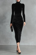 black long sleeve turtleneck hip gold velvet maxi dress