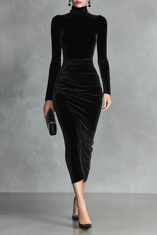 black long sleeve turtleneck hip gold velvet maxi dress