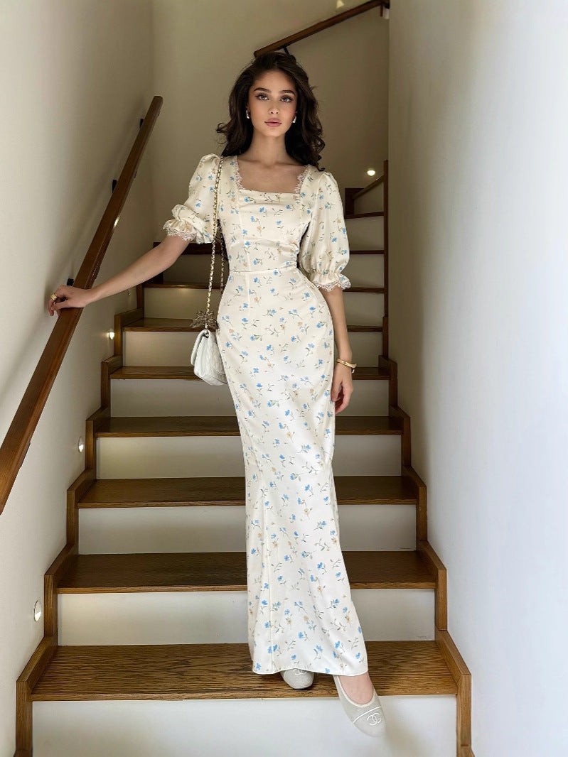 satin print lace maxi dress