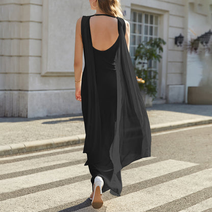black mesh backless swing neck pleated dress