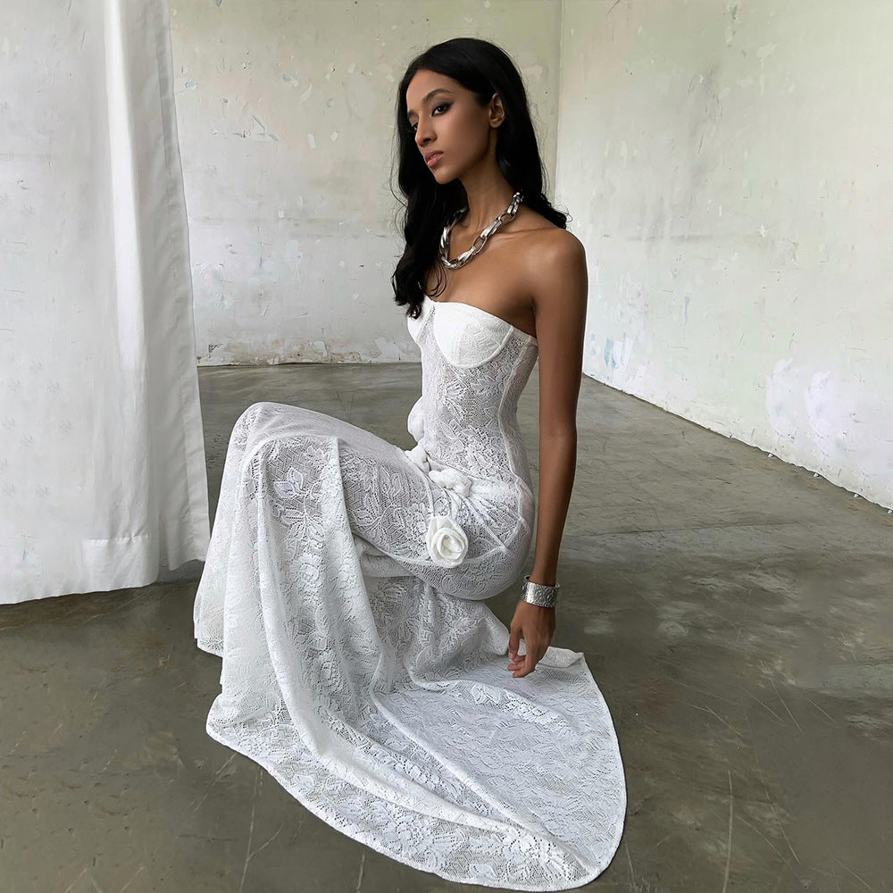 Sheer lace strapless dress with three-dimensional floral fishtail skirt - white