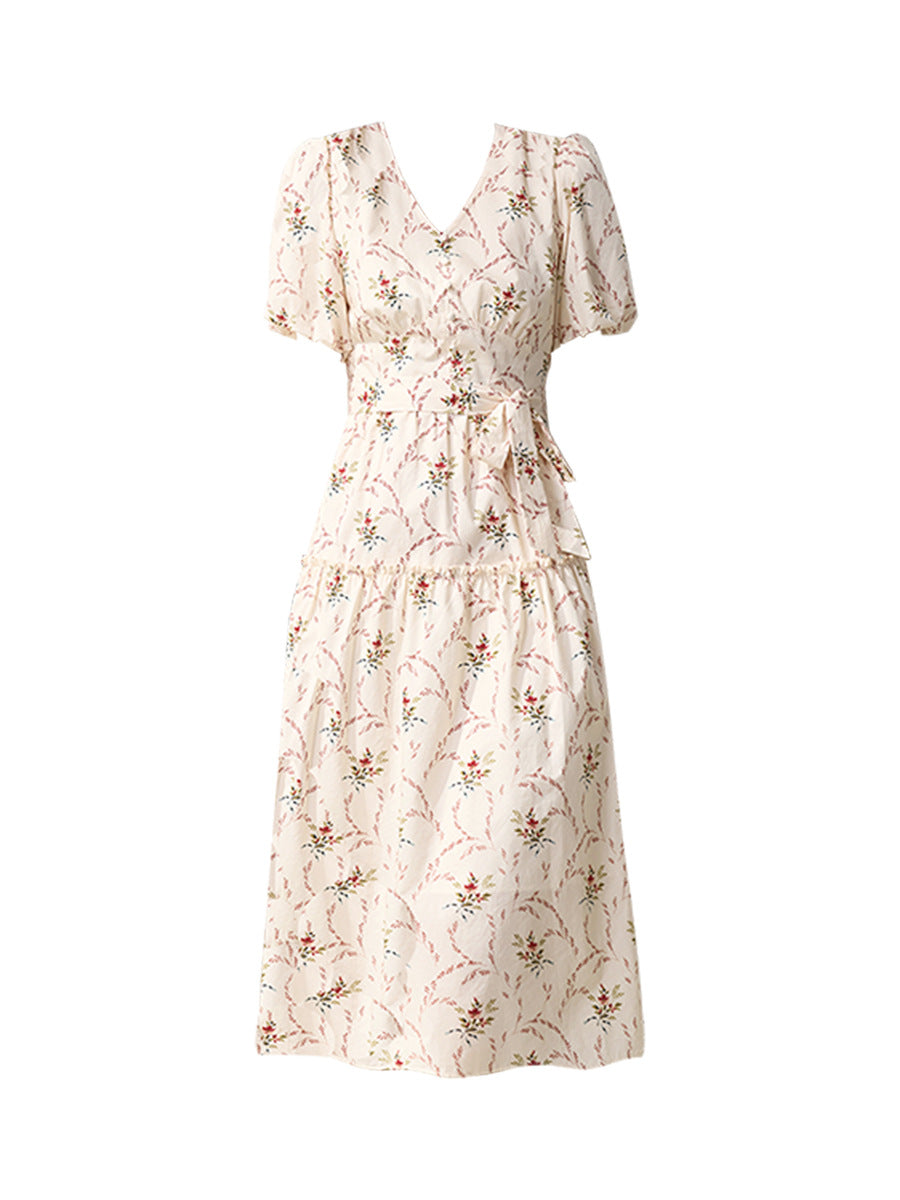 Retro V-neck puff sleeve printed tea maxi dress
