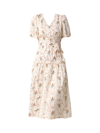 Retro V-neck puff sleeve printed tea maxi dress