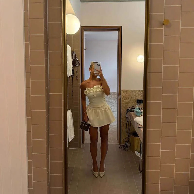 Ruffled strapless knit mini skirt