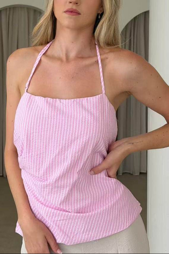 pink striped pleated halterneck top