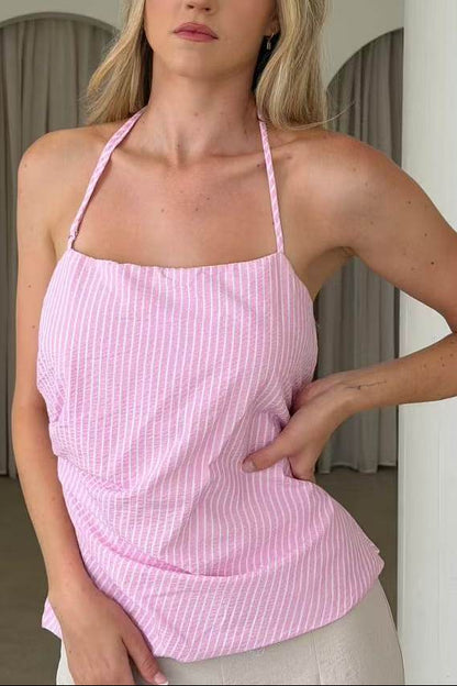 pink striped pleated halterneck top