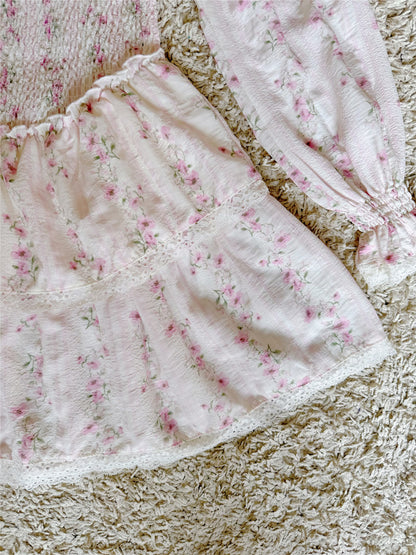 pink floral lace crochet lace layered long-sleeve dress