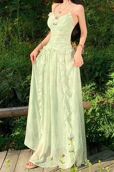 Mint green floral print sundress with ruffles